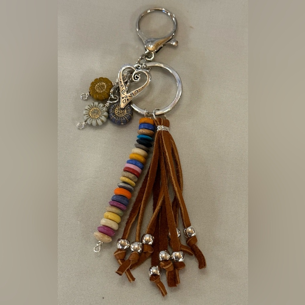Boho Style Beaded Bag Charm Zipper Pull With Nature Theme, Flowers